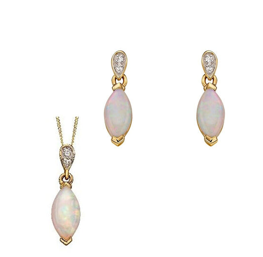 Real Opal and Diamond Set Yellow Gold Pendant Earrings 16 18 or 20" Chain