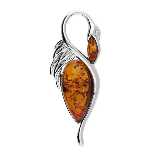 Cognac Amber Elegant Swan Pendant and Chain Solid Sterling Silver 925