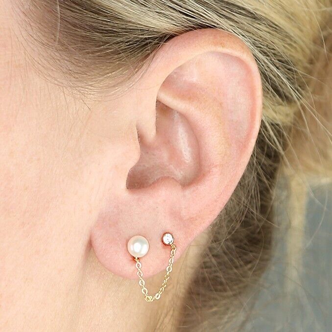 Freshwater Pearl Double Stud Earrings Chain 18ct Gold on Solid Sterling Silver