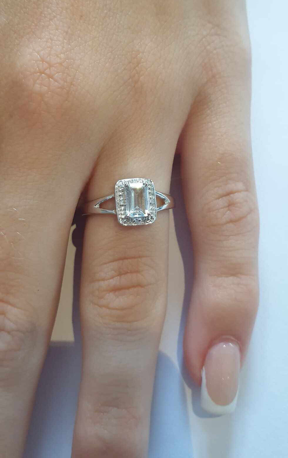Real Aquamarine and Diamond Ring Solid White Gold Emerald Cut Cluster Size J-Q