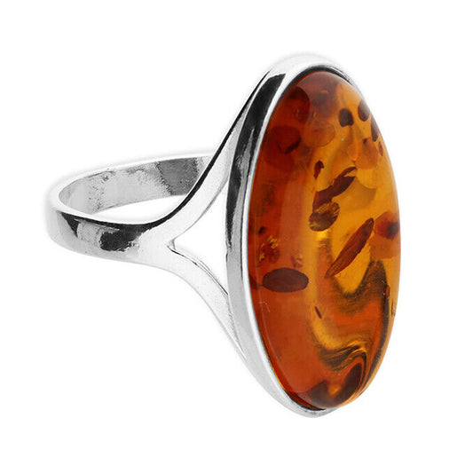 Cognac Amber Large Oval Statement Ring Solid Sterling Silver 925