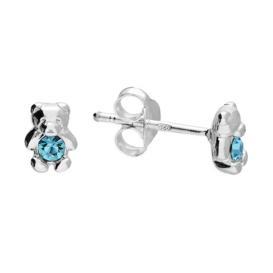 Teddy Bear Stud Earrings March Birthstone Crystal 925 Solid Sterling Silver