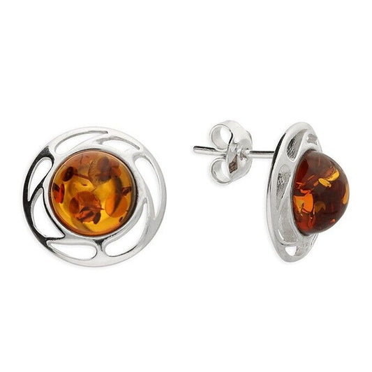 Cognac Amber Round Stud Earrings With Fancy Surround Solid Sterling Silver 925