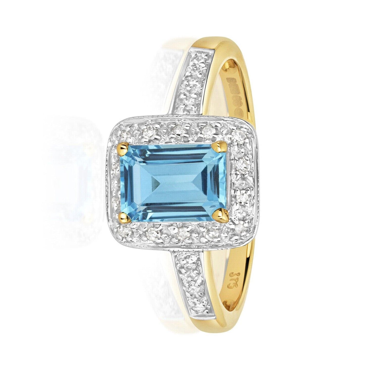 Real Blue Topaz and Diamond Ring Emerald Cut Solid Yellow Gold Engagement