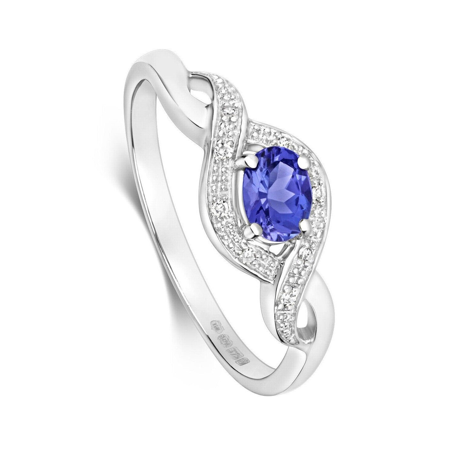 Real Tanzanite and Diamond Ring Solid White Gold Oval Twist Size J - Q
