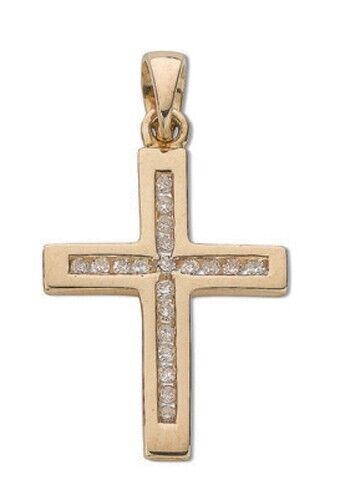 9ct Yellow Gold 0.15ct Diamond Cross Pendant Hallmarked Channel set Diamonds