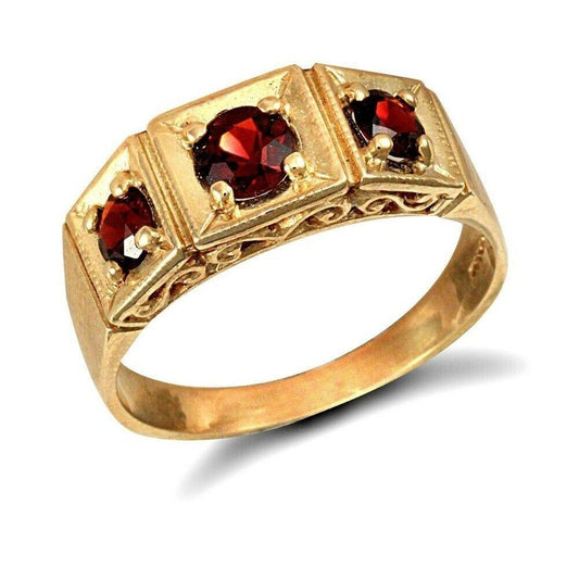 9ct Yellow Gold Gents Garnet Ring Hand Crafter Three Stone Trilogy Hallmarked