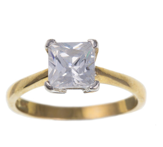 9ct Yellow Gold Simulated Diamond Square Solitaire Ring Engagement Full Hallmark