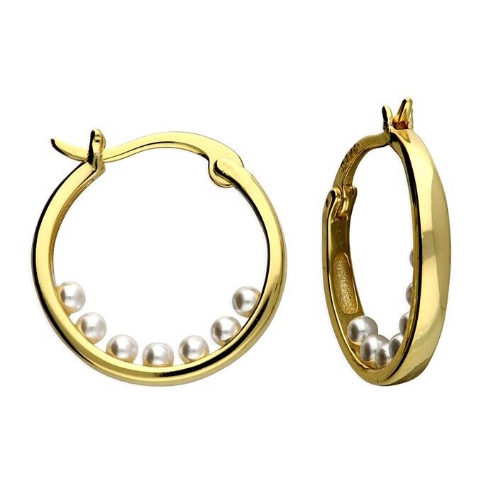 Yellow Gold 17mm Pearl Boat Hoop Earrings on Sterling Silver 925 Hallmark