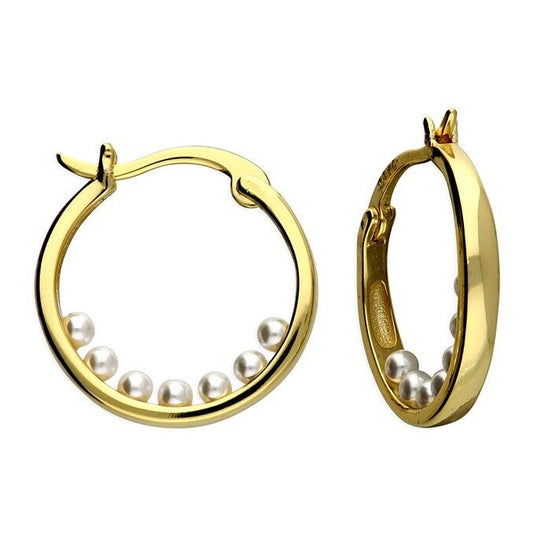 Yellow Gold 17mm Pearl Boat Hoop Earrings on Sterling Silver 925 Hallmark