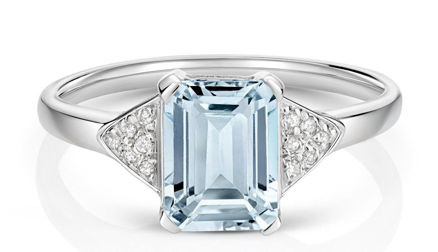 Real Aquamarine and Diamond Ring Solid White Gold Emerald Cut Solitaire Size J-Q