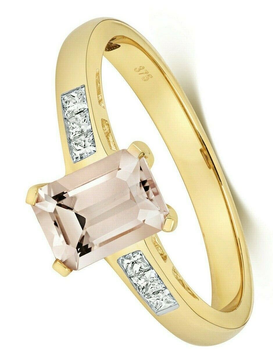 Real Morganite and Diamond Ring 9ct Yellow Gold Emerald Cut Solitaire Engagement