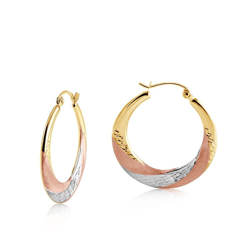 Three Colour Gold Hoop Earrings 25mm Hallmarked Patterned Hoops