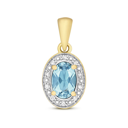 Blue Topaz and Diamond Pendant Yellow Gold Oval Real Stones