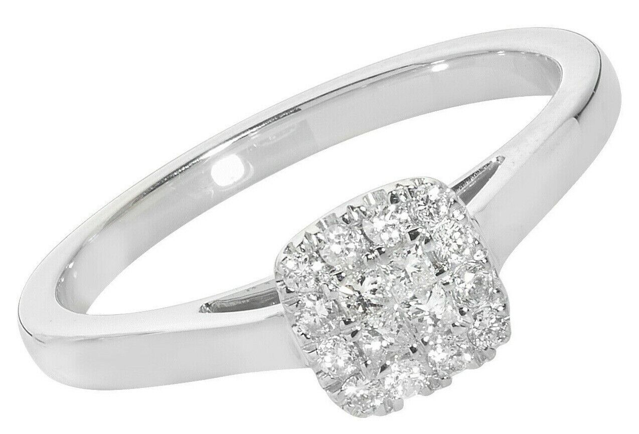 Real Diamond Cluster Ring Princess Cut Centre 9ct White Gold 0.20ctw Size J - Q