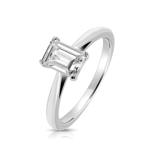 Sterling Silver 4 Claw 7x5mm Emerald Cut Solitaire Ring 925 Hallmark Rhodium