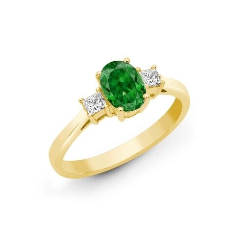 Real Emerald and Diamond Ring 18ct Yellow Gold Three Stone Trilogy