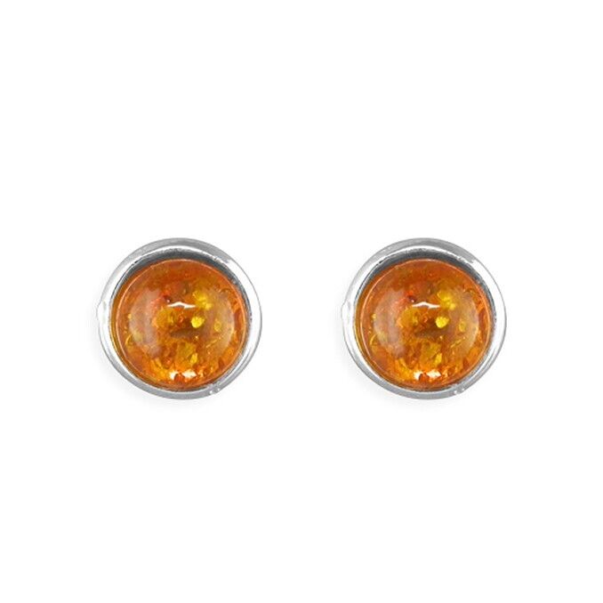 Cognac Amber Round Dome Stud Earrings 10mm Solid Sterling Silver 925