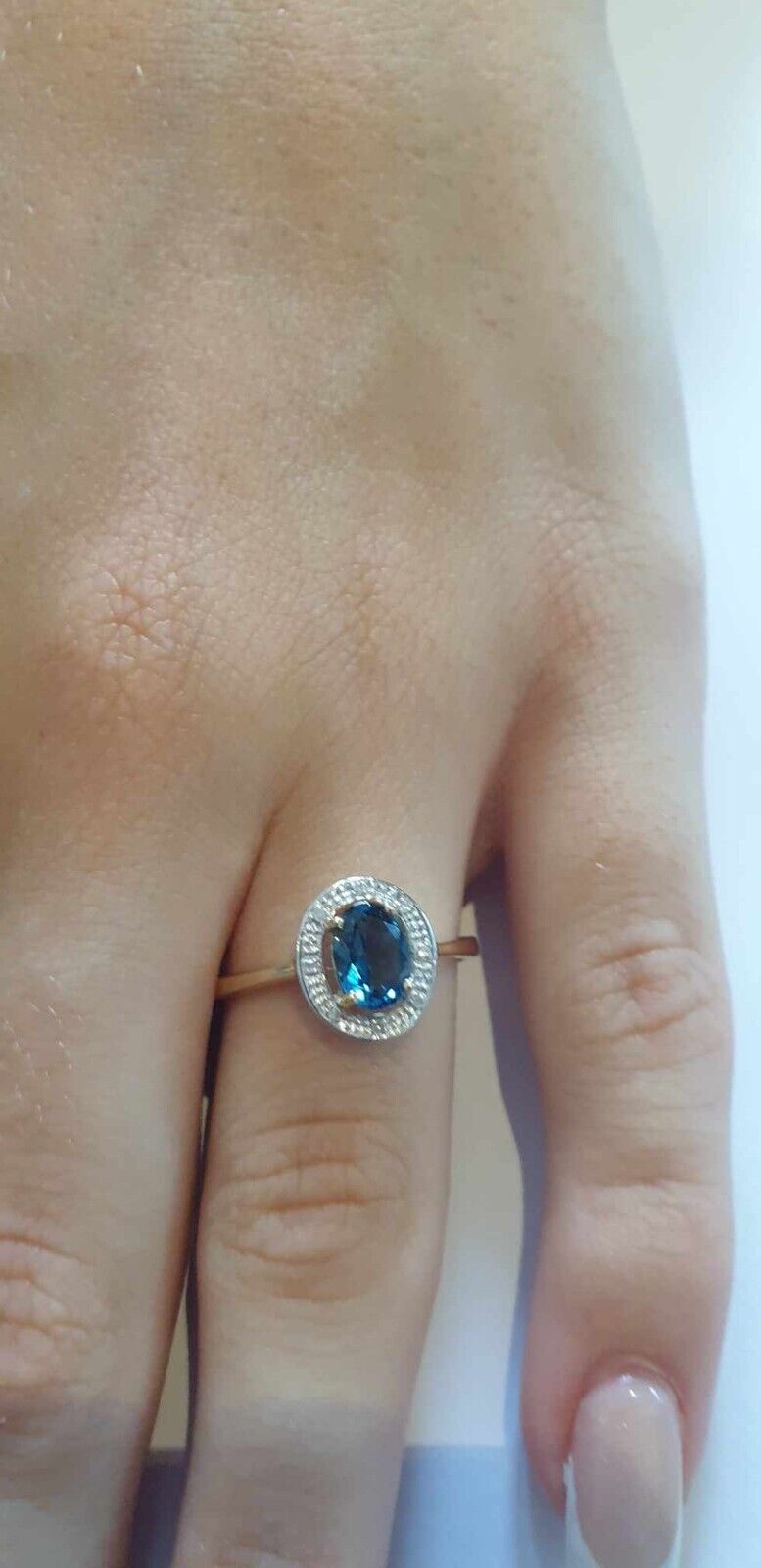 Real London Blue Topaz and Diamond Ring Solid Yellow Gold Oval Halo Size J-Q