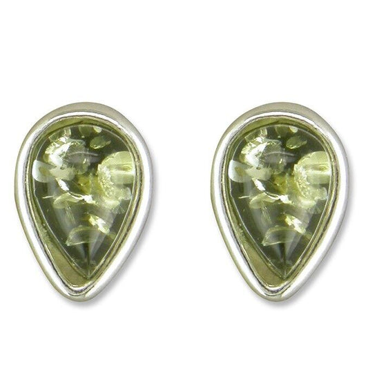 Green Amber Teardrop Stud Earrings 8 x 5mm Solid Sterling Silver 925