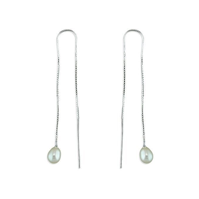 Freshwater Pearl Drop Pull-through Earrings Solid Sterling Silver 925