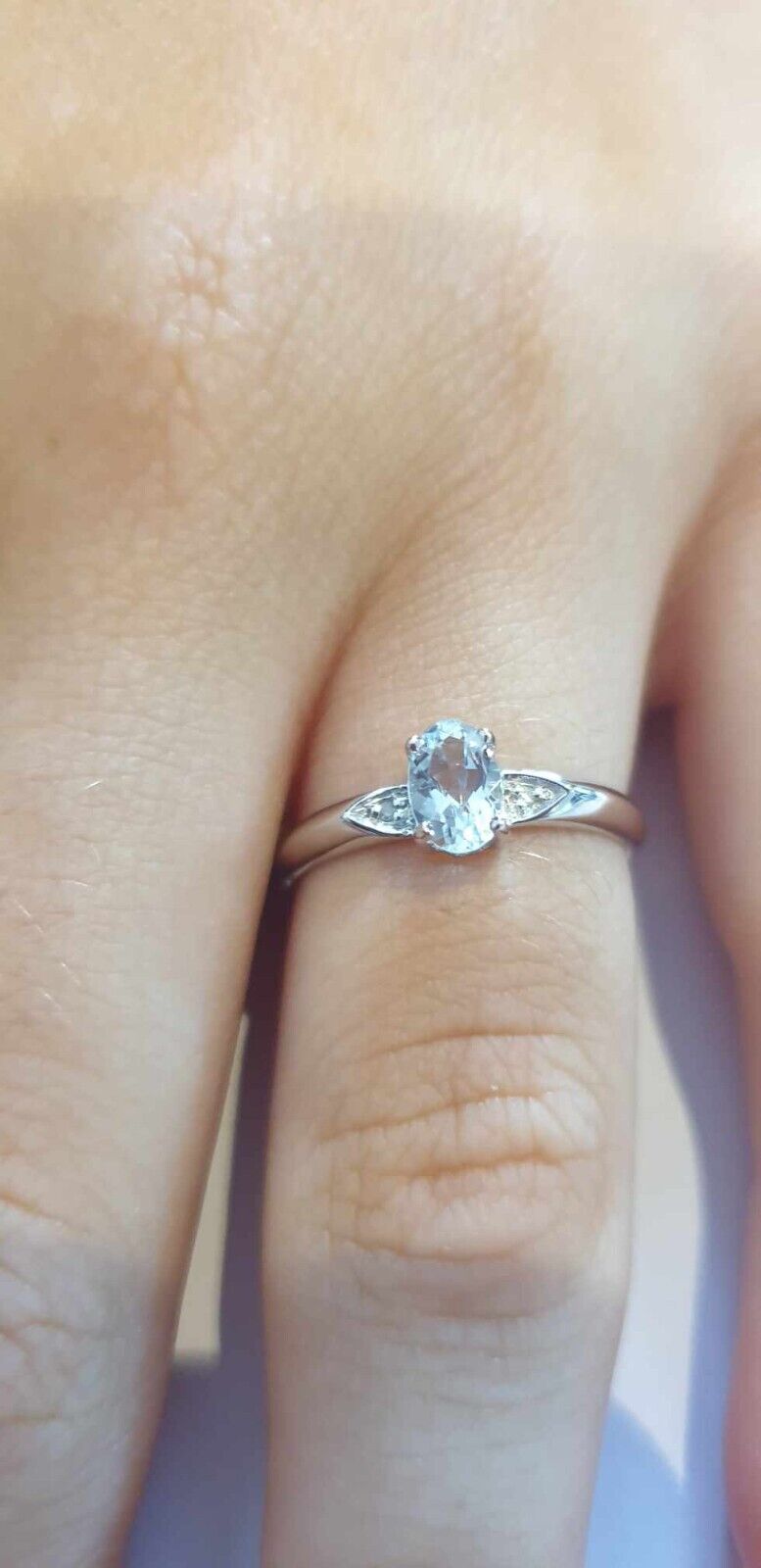 Real Aquamarine and Diamond Ring Solid 9ct White Gold Size J - Q