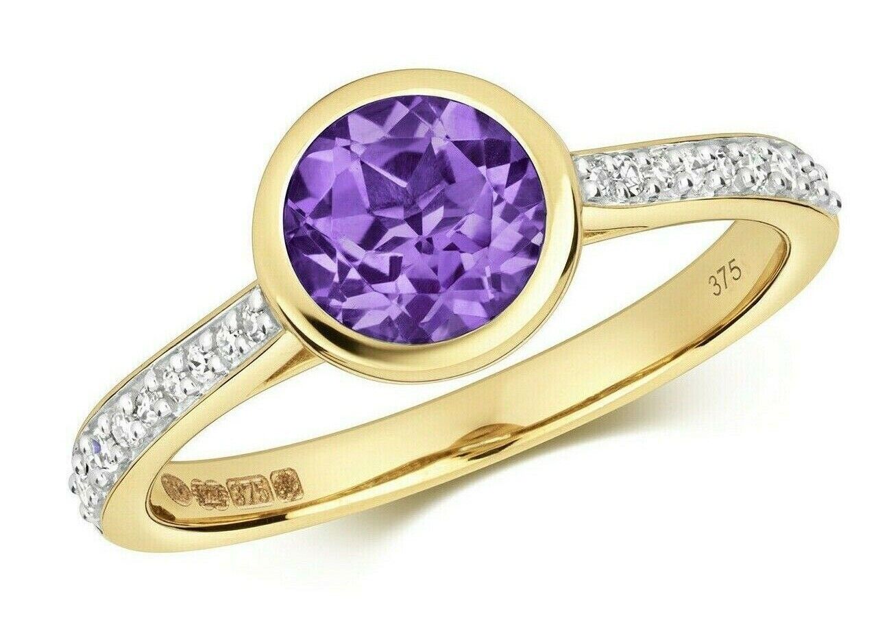 Real Amethyst and Diamond Ring Solid Yellow Gold Flush Solitaire Size JKLMNOPQ