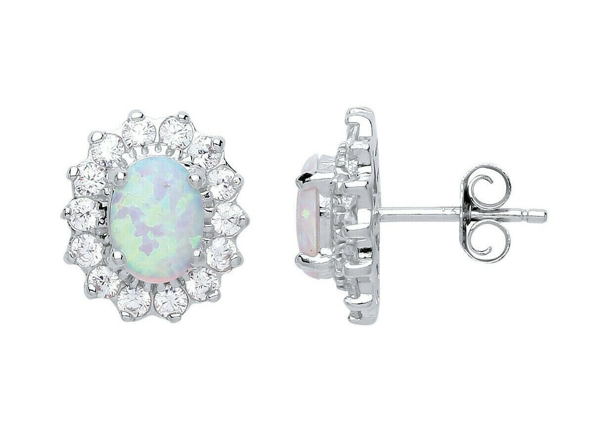 Opal Cluster Stud Earrings Solid Sterling Silver Rhodium Plated 925 Hallmark