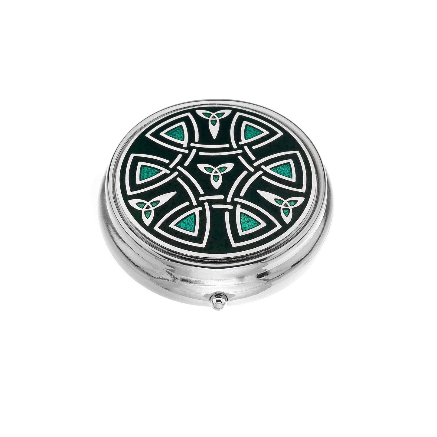 Large Pill Box Silver Plated Celtic Trinity and Coils Green Brand New & Boxed