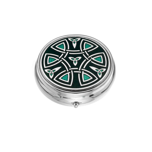 Large Pill Box Silver Plated Celtic Trinity and Coils Green Brand New & Boxed