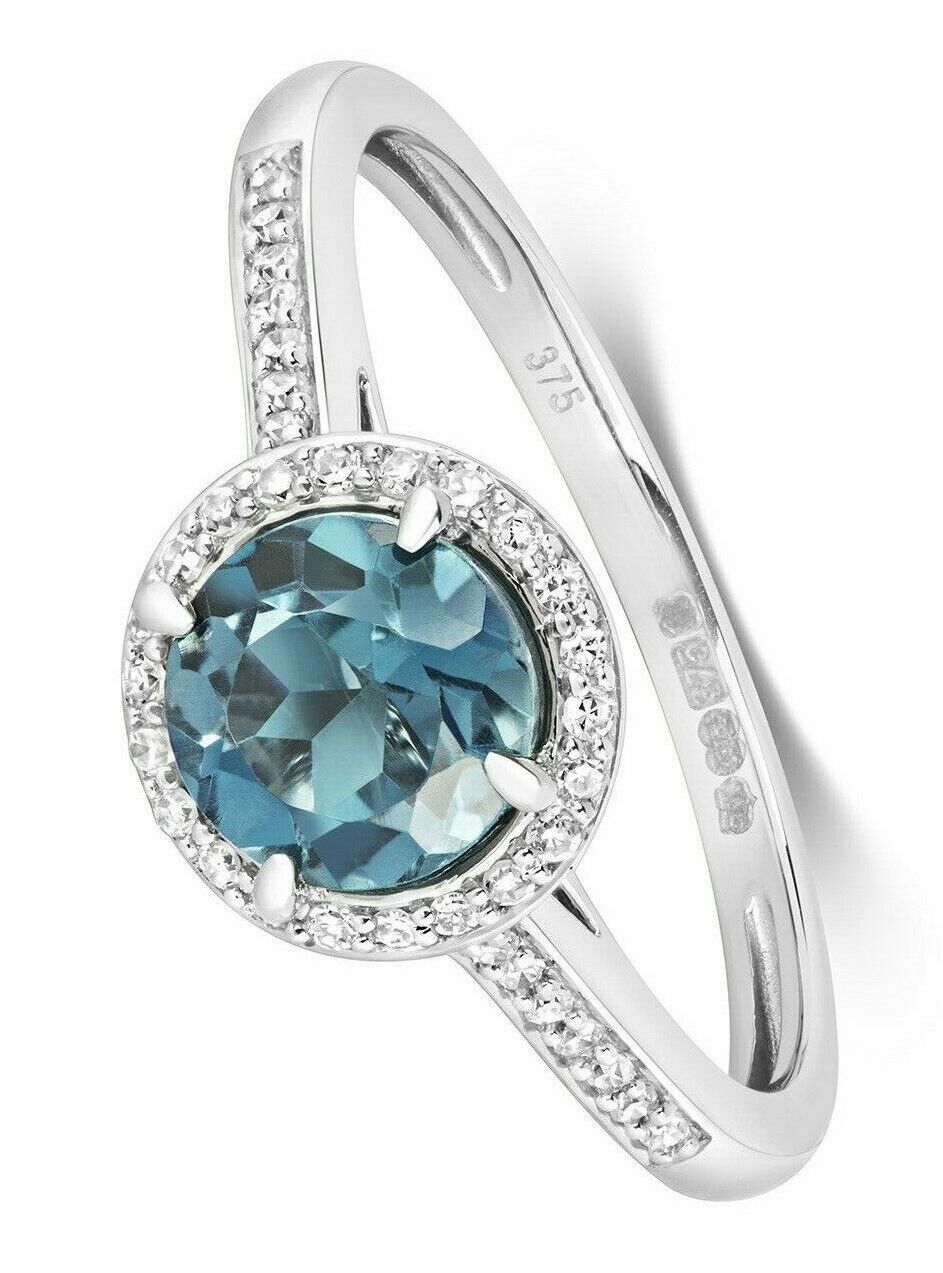 Real London Blue Topaz and Diamond Ring Solid White Gold Halo Cluster Size J-Q