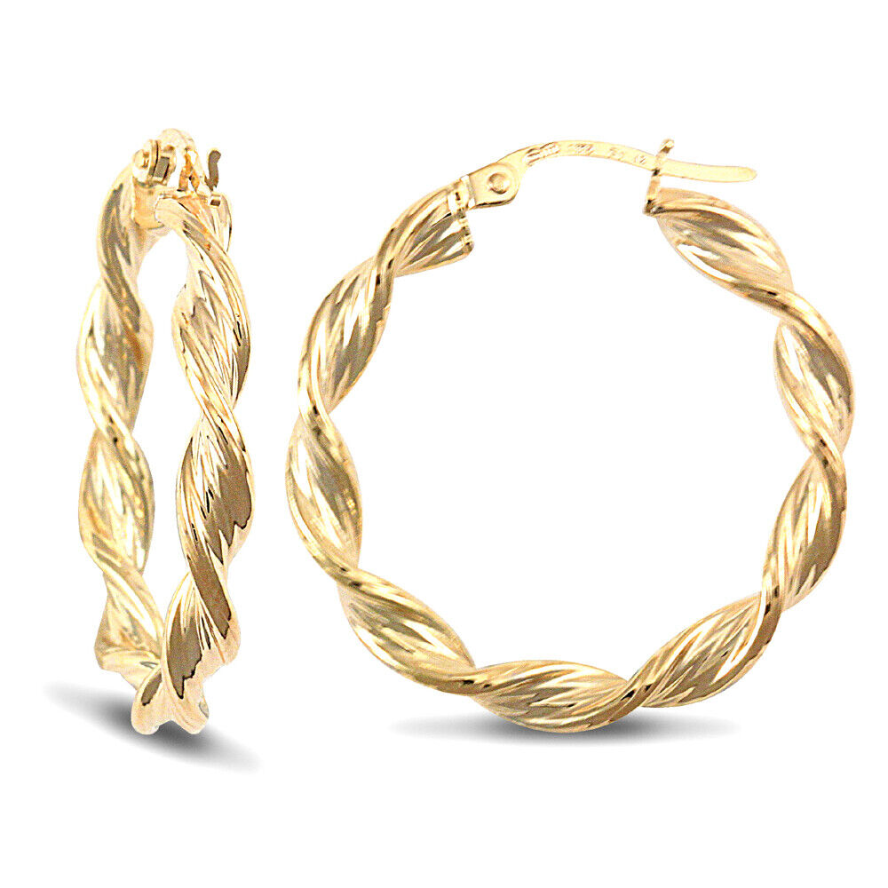 9ct Yellow Gold Barked Twist Style Earrings British Made Hallmarked 26mm