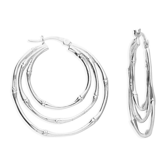 Hoop Earrings Triple Bamboo Style Creole Silver Hoops 30mm 925 Sterling Silver