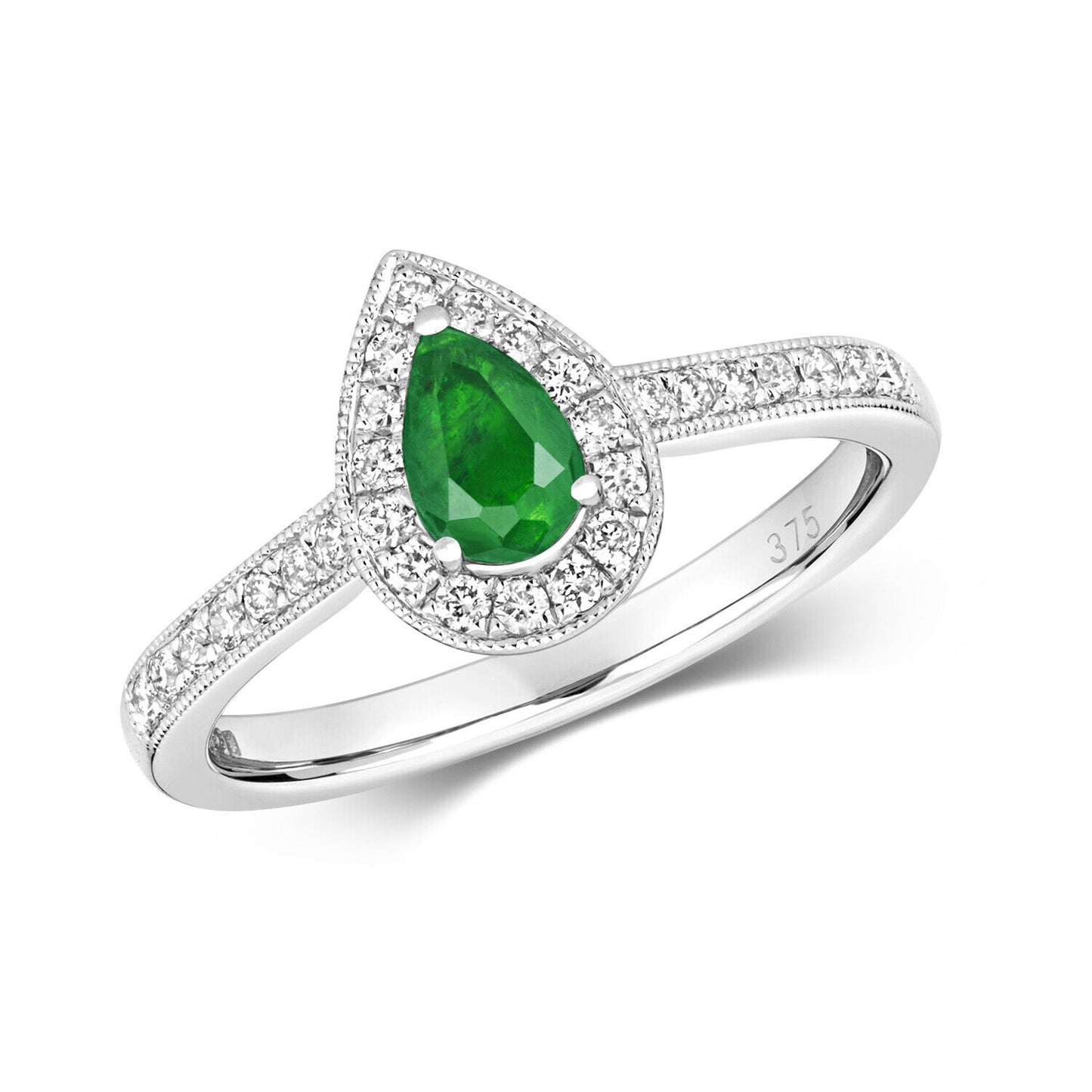 Real Emerald and Diamond Ring 9ct White Gold Pear Teardrop Cluster Size J - Q