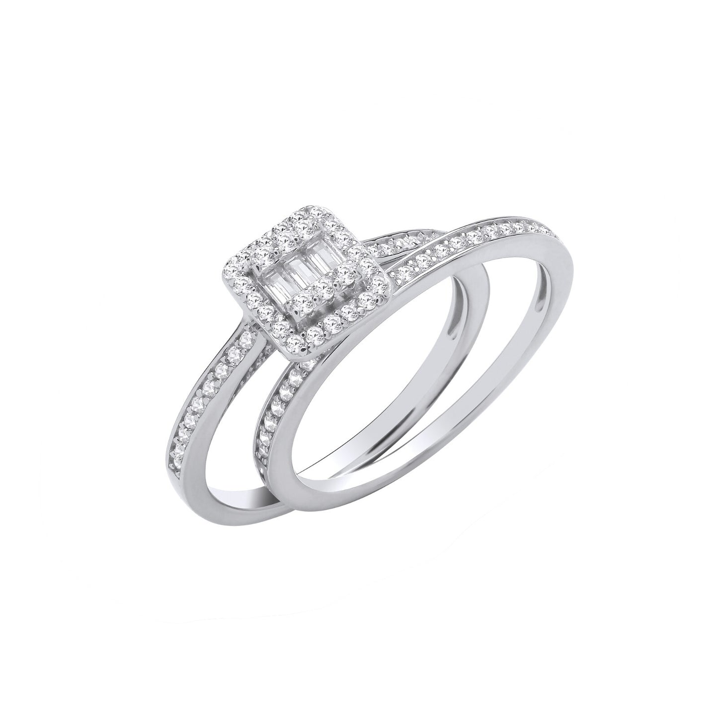 Sterling Silver Bridal Set Baguettes & Round Zircon Half Eternity Rings 925