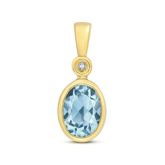 Blue Topaz and Diamond Oval Solitaire Pendant 9ct Yellow Gold Real Stones