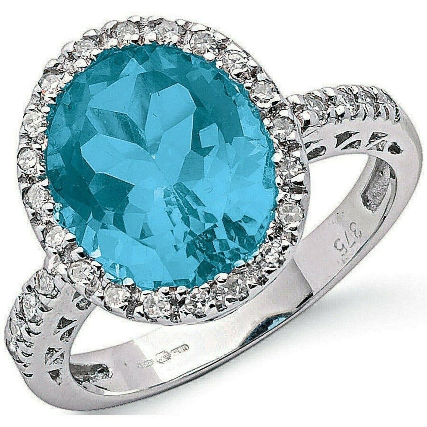 9ct White Gold 0.24ct Diamond & 5.18ct Blue Topaz Ring Cocktail Statement