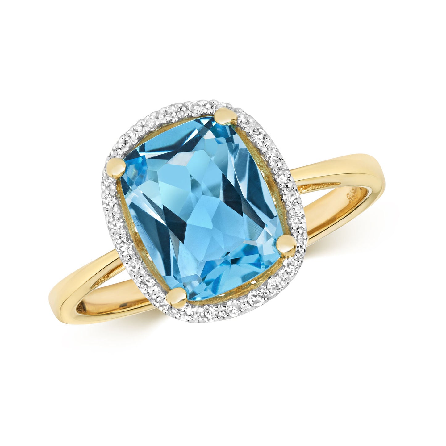 9ct Yellow Gold Blue Topaz and Diamond Ring Oblong Cushion Halo Size JKLMNOPQ