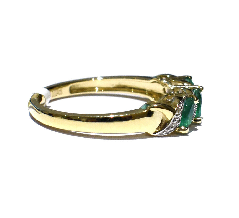 Real Emerald and Diamond Ring Solid Yellow Gold Three Stone Marquise Trilogy