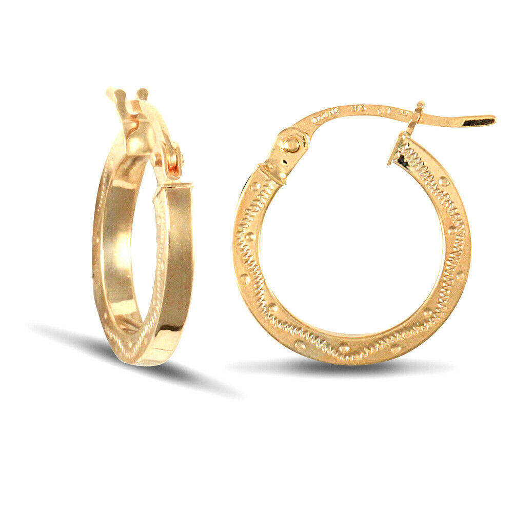 9ct Yellow Gold Square Engraved Style Earrings British Made Hallmarked 14mm