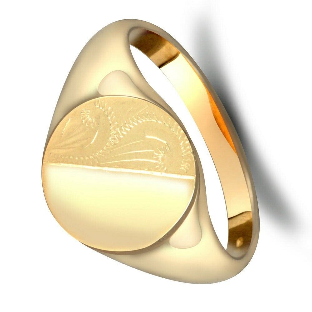 9ct Yellow Gold Gents Oval Signet Ring Half Engraved Hallmarked