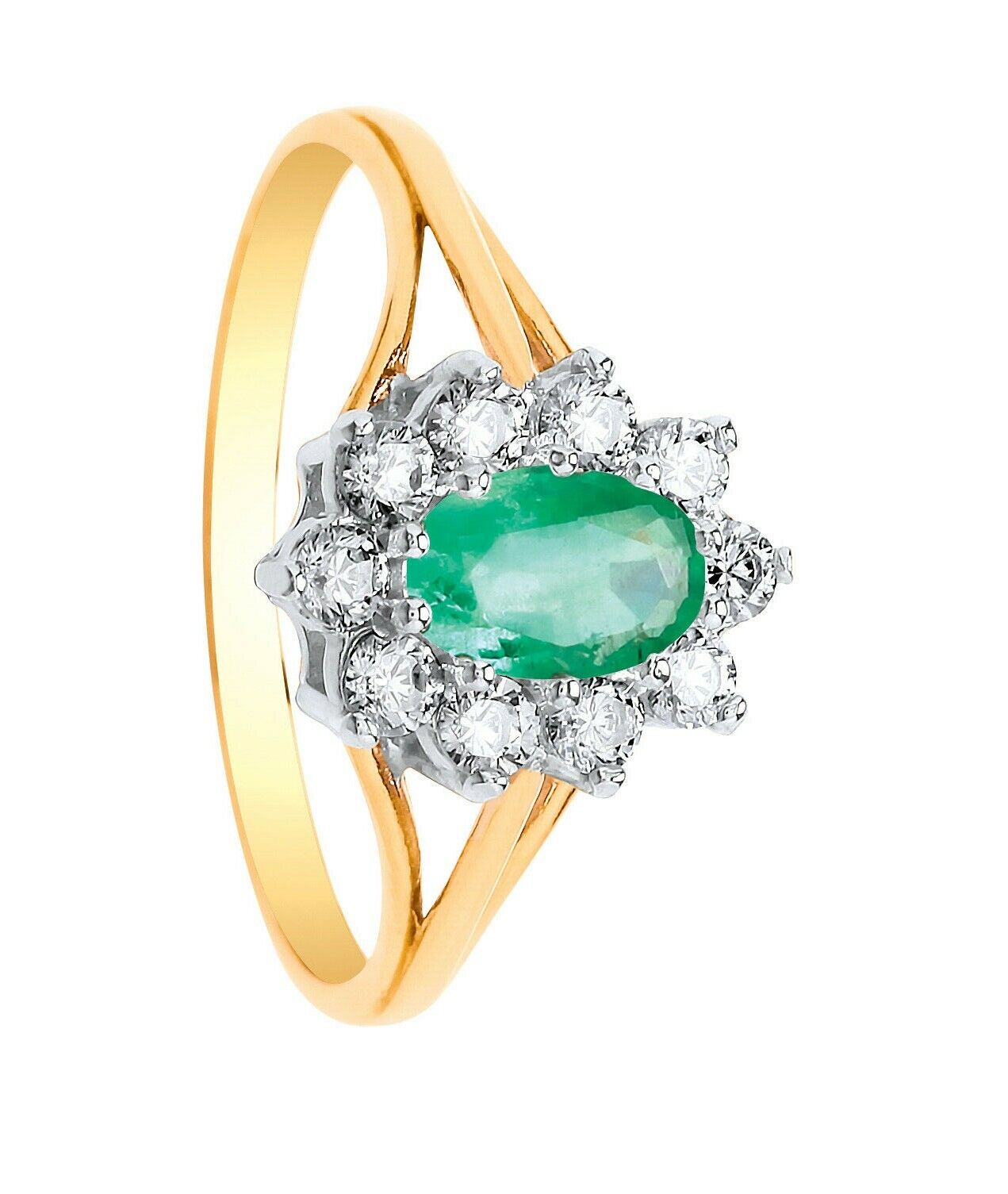 9ct Yellow Gold Emerald Ring Cluster Engagement Dress Fully Hallmarked