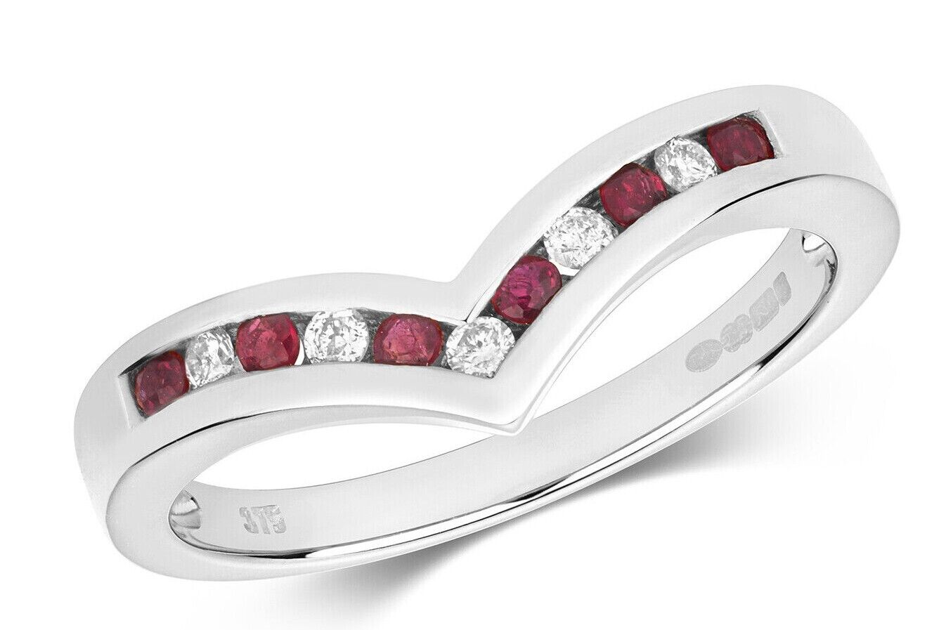 Real Ruby and Diamond Wishbone Ring Solid White Gold Eternity Anniversary