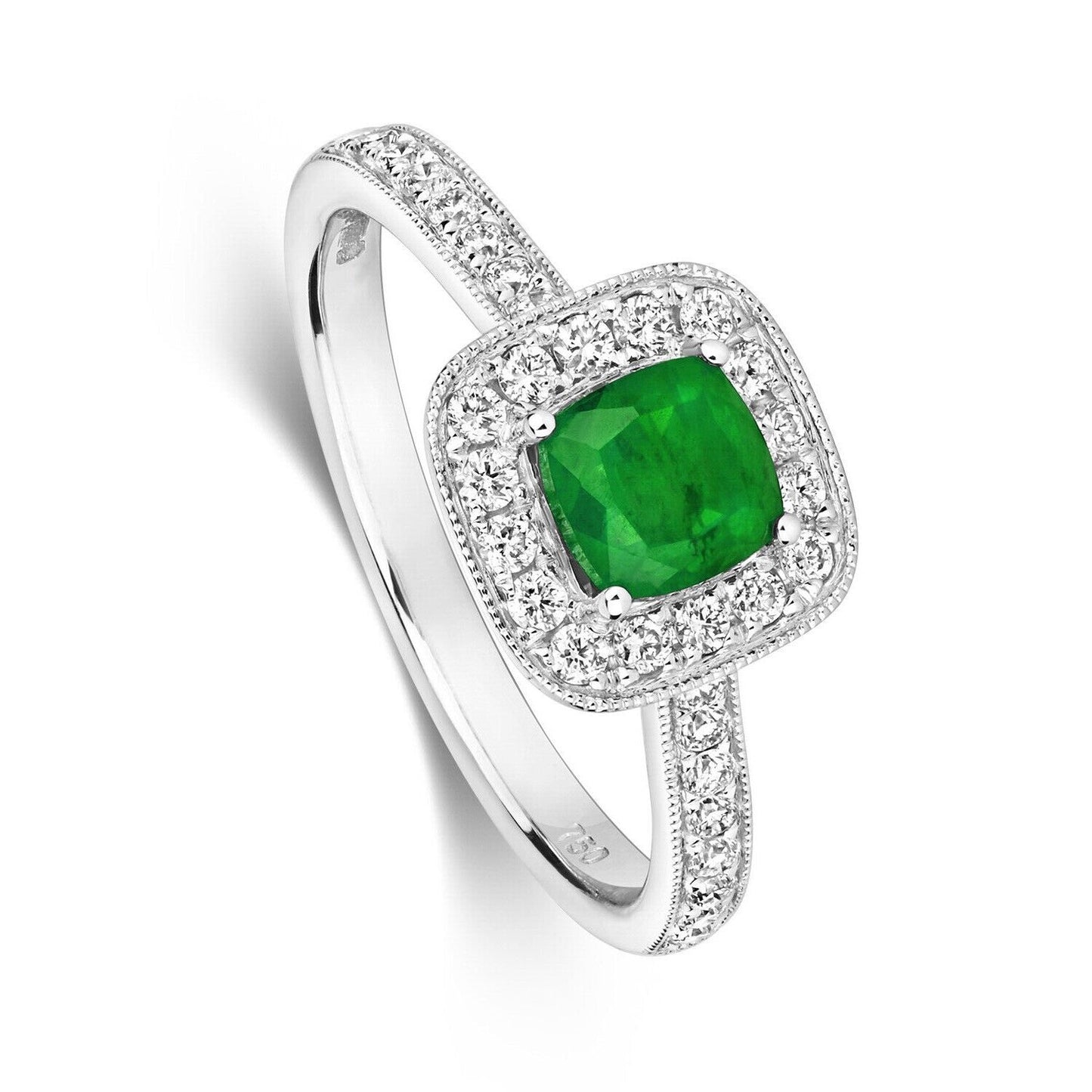 Real Emerald and Diamond Ring 18ct White Gold Square Cushion Cluster Halo