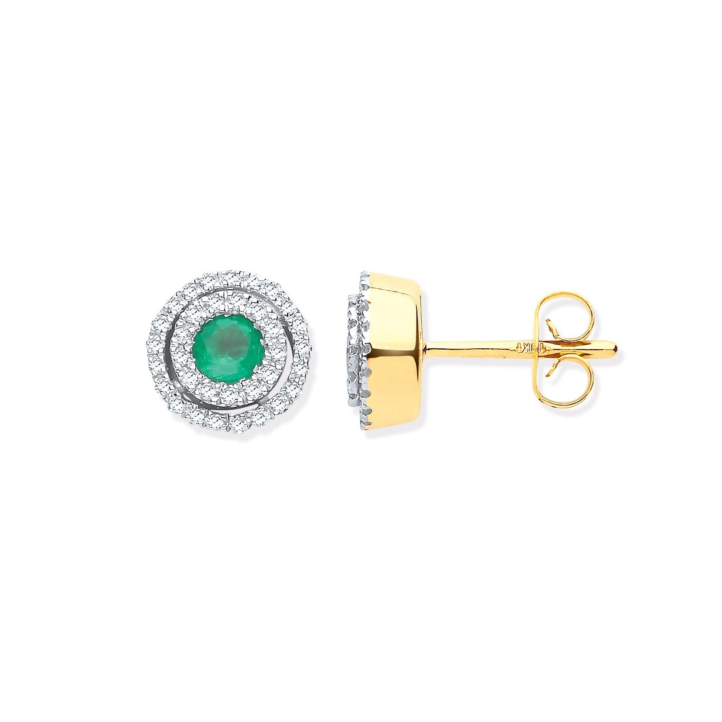 9ct Yellow Gold Emerald and 0.25ct Diamond Stud Earrings Double Halo Hallmarked