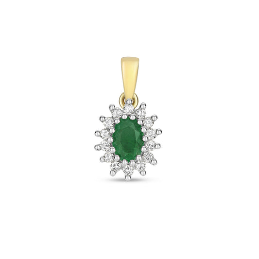 Emerald and Diamond Oval Cluster Pendant Solid 9ct Yellow Gold Real Stones