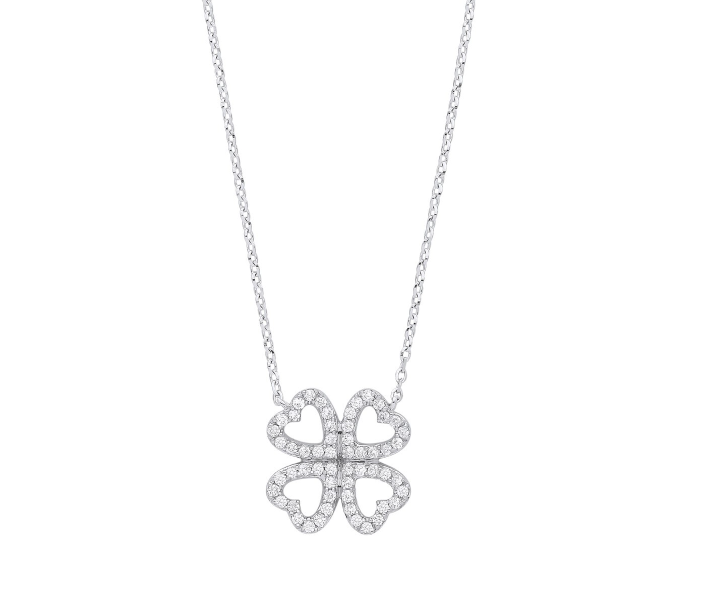 9ct White Gold 0.18ct Diamonds Four Leaf Clover Necklace (18in/45cm) Chain