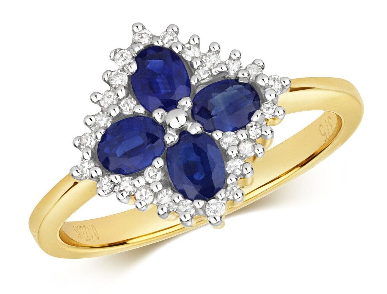 Real Sapphire and Diamond Ring 9ct Yellow Gold Four Oval Cluster Size JKLMNOPQ