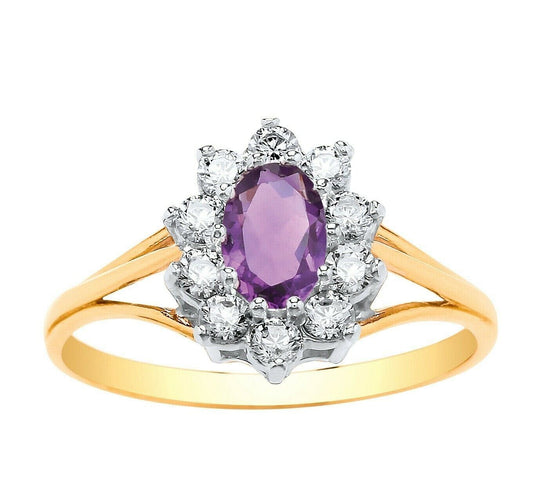 9ct Yellow Gold Amethyst Ring Cluster Engagement Dress Fully Hallmarked