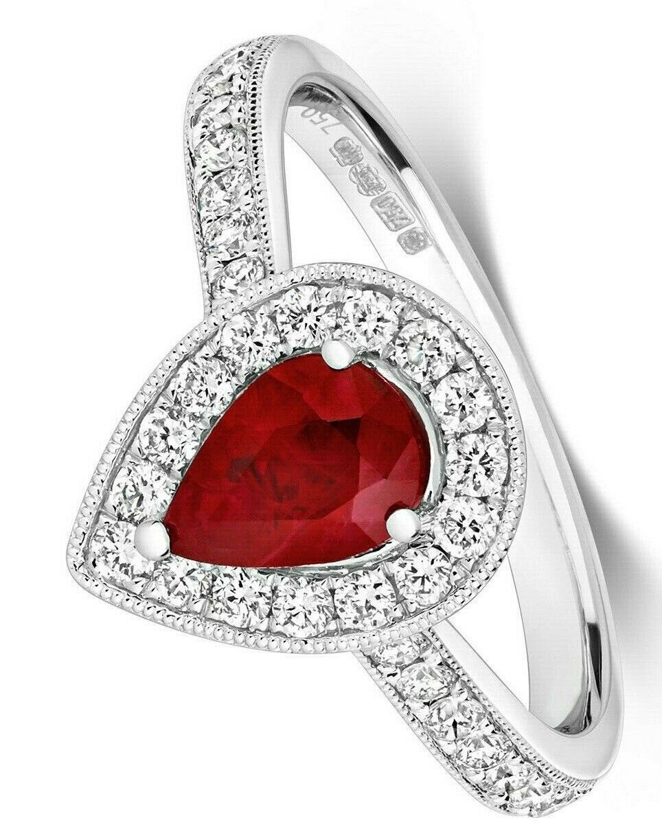 Real Ruby and Diamond Ring 18ct White Gold Pear Cluster Teardrop